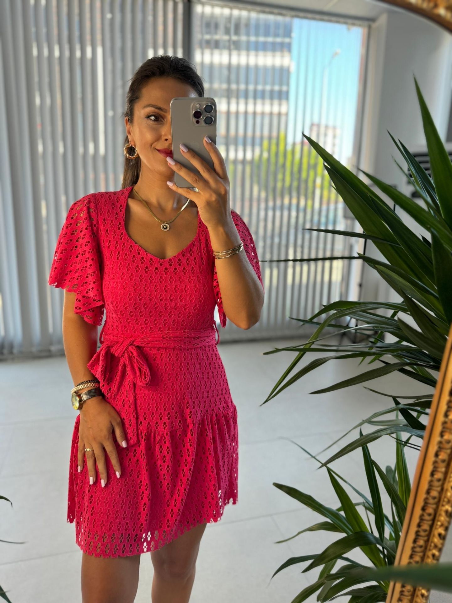 Mc 5862 Triangle Neck Fuchsia Dress
