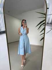Mz 23136 Bebe Mavi Pamuk Keten Ceket Yaka Gömlek Elbise