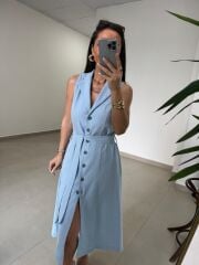 Mz 23136 Bebe Mavi Pamuk Keten Ceket Yaka Gömlek Elbise