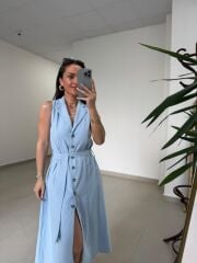 Mz 23136 Bebe Mavi Pamuk Keten Ceket Yaka Gömlek Elbise