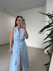 Mz 23136 Bebe Mavi Pamuk Keten Ceket Yaka Gömlek Elbise