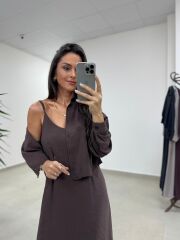 Fp 51153 Tensel İkili Kahve Gömlek Elbise Takım