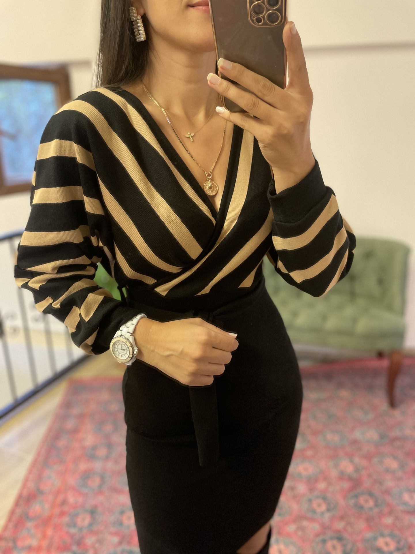 Vizon siyah çizgili kalem elbise