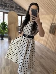 Siyah Puantiyeli Vatkalı Keten Elbise