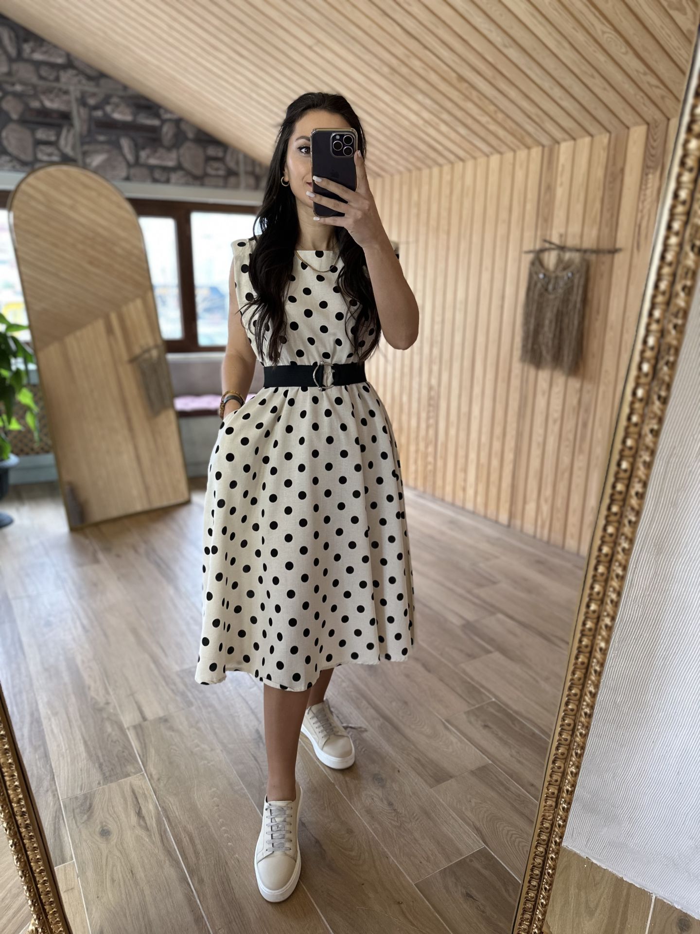 Black Polka Dot Padded Linen Dress
