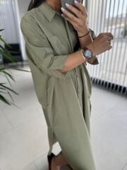 Cr 1362 Paraşüt Kumaş Oversize Haki Gömlek Elbise