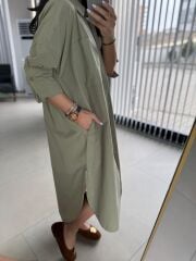 Cr 1362 Paraşüt Kumaş Oversize Haki Gömlek Elbise
