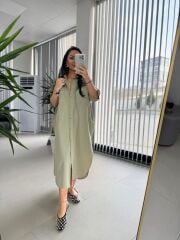 Cr 1362 Paraşüt Kumaş Oversize Haki Gömlek Elbise