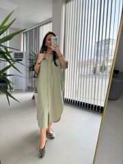 Cr 1362 Paraşüt Kumaş Oversize Haki Gömlek Elbise