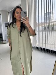 Cr 1362 Paraşüt Kumaş Oversize Haki Gömlek Elbise