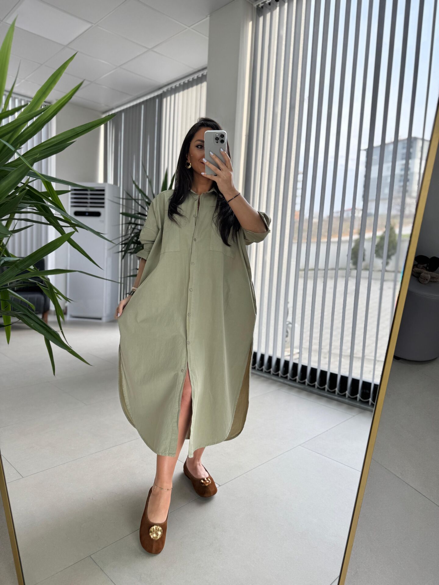 Cr 1362 Paraşüt Kumaş Oversize Haki Gömlek Elbise