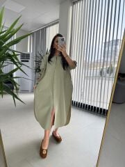 Cr 1362 Paraşüt Kumaş Oversize Haki Gömlek Elbise