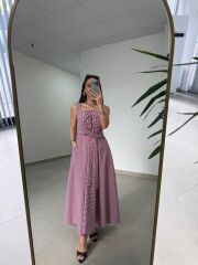 Ms 05 Kırmızı-Beyaz Pötikare Desenli Askılı Poplin Elbise