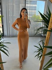Mc 5972 Vatkalı Maksiboy Camel Elbise