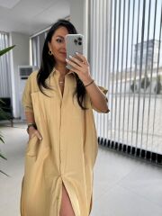 Cr 1362 Paraşüt Kumaş Oversize Camel Gömlek Elbise