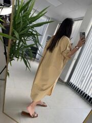 Cr 1362 Paraşüt Kumaş Oversize Camel Gömlek Elbise