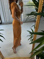 Mc 5972 Vatkalı Maksiboy Camel Elbise