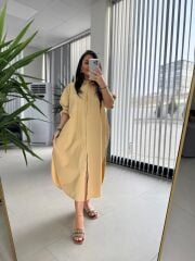 Cr 1362 Paraşüt Kumaş Oversize Camel Gömlek Elbise