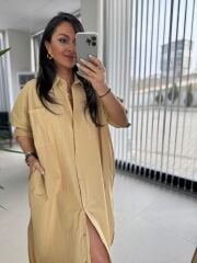 Cr 1362 Paraşüt Kumaş Oversize Camel Gömlek Elbise