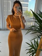 Mc 5972 Vatkalı Maksiboy Camel Elbise