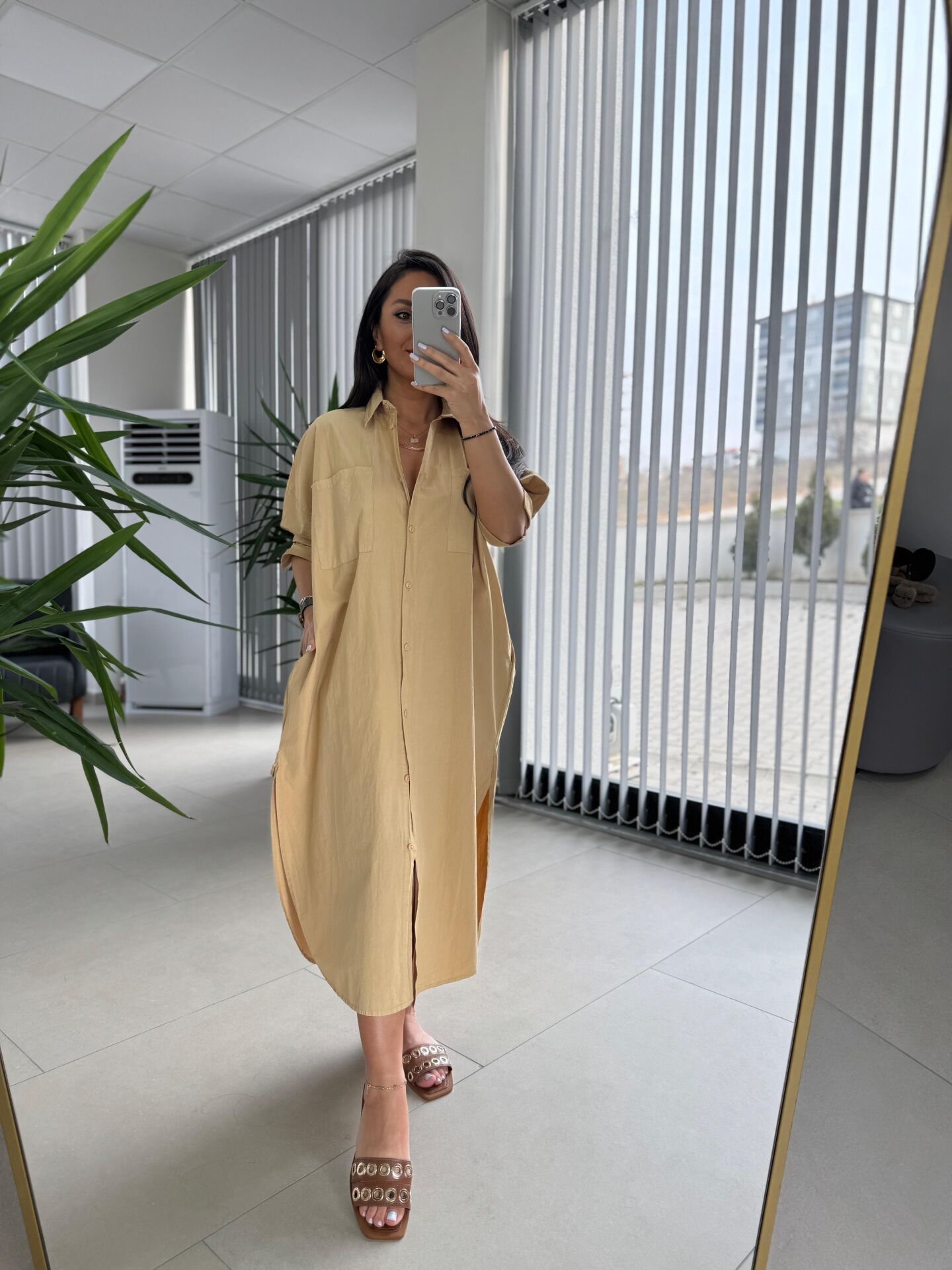 Cr 1362 Paraşüt Kumaş Oversize Camel Gömlek Elbise