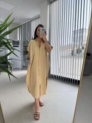 Cr 1362 Paraşüt Kumaş Oversize Camel Gömlek Elbise