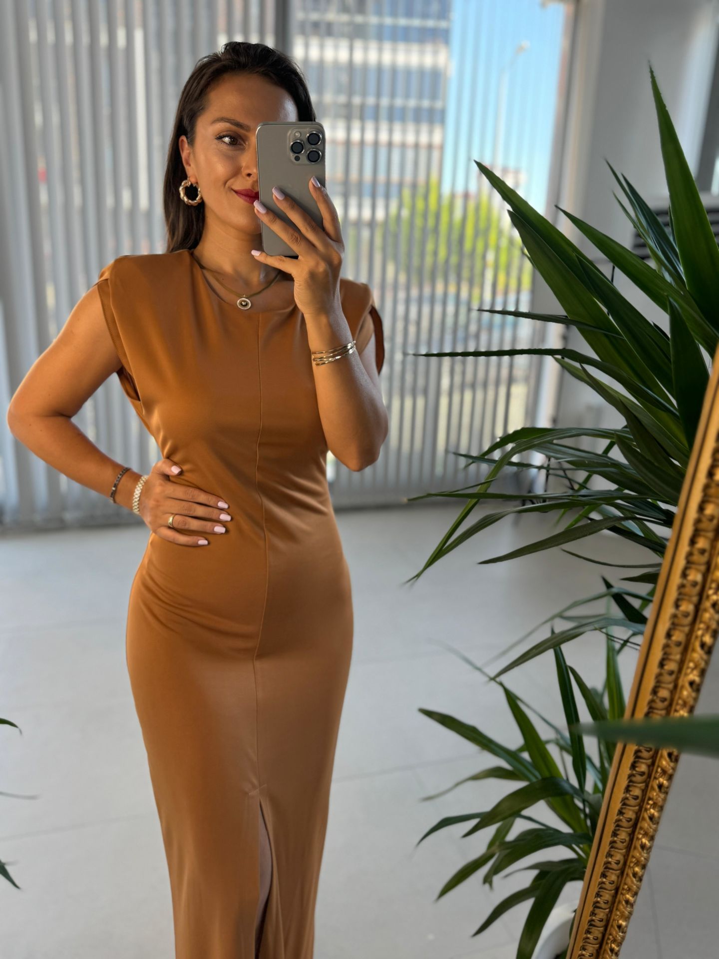 Mc 5972 Vatkalı Maksiboy Camel Elbise