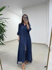 Fp 3270 Kemerli Tensel Lacivert Gömlek Elbise