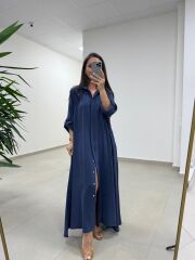Fp 3270 Kemerli Tensel Lacivert Gömlek Elbise