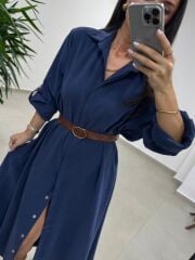 Fp 3270 Kemerli Tensel Lacivert Gömlek Elbise