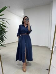 Fp 3270 Kemerli Tensel Lacivert Gömlek Elbise