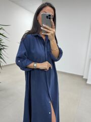 Fp 3270 Kemerli Tensel Lacivert Gömlek Elbise