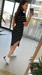 Kısa Kollu Beyaz Çizgili Triko Elbise