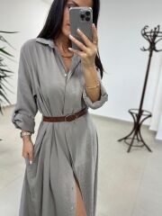 Fp 3270 Kemerli Tensel Taş Gömlek Elbise