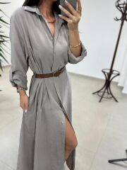 Fp 3270 Kemerli Tensel Taş Gömlek Elbise