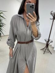 Fp 3270 Kemerli Tensel Taş Gömlek Elbise