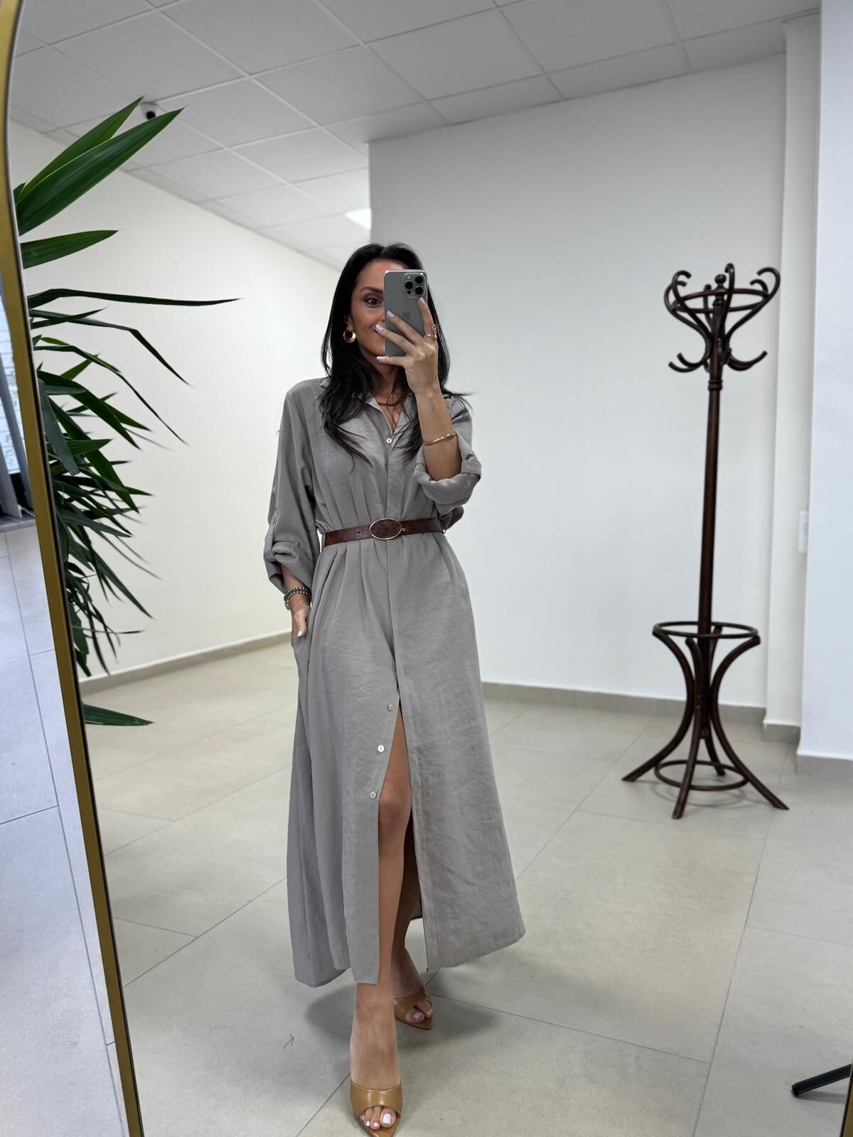 Fp 3270 Kemerli Tensel Taş Gömlek Elbise