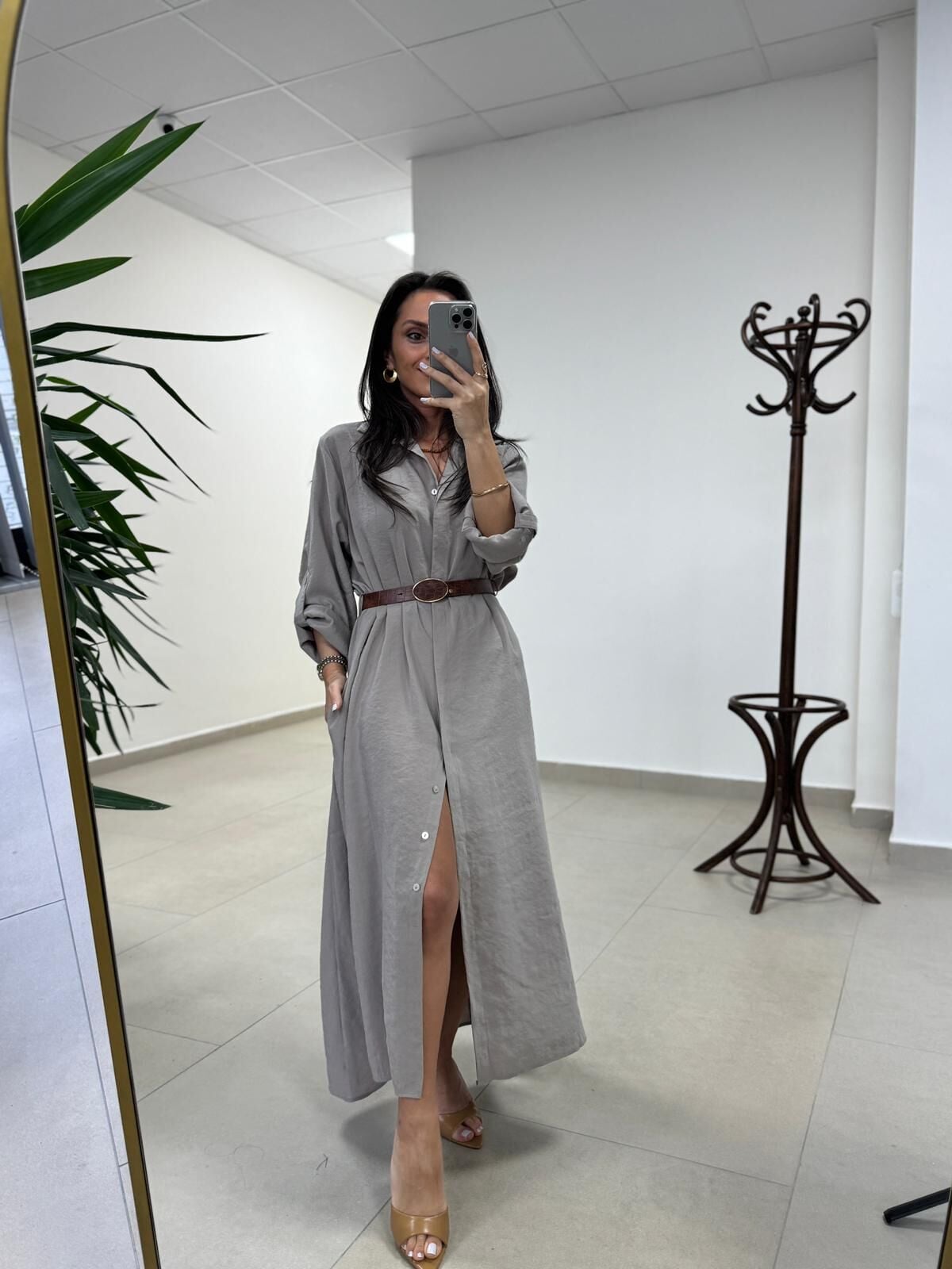 Fp 3270 Kemerli Tensel Taş Gömlek Elbise