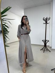 Fp 3270 Kemerli Tensel Taş Gömlek Elbise