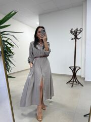 Fp 3270 Kemerli Tensel Taş Gömlek Elbise