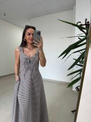 Ms 04 Kahve-Beyaz Pötikare Desenli Askılı Poplin Elbise