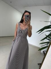 Ms 04 Kahve-Beyaz Pötikare Desenli Askılı Poplin Elbise