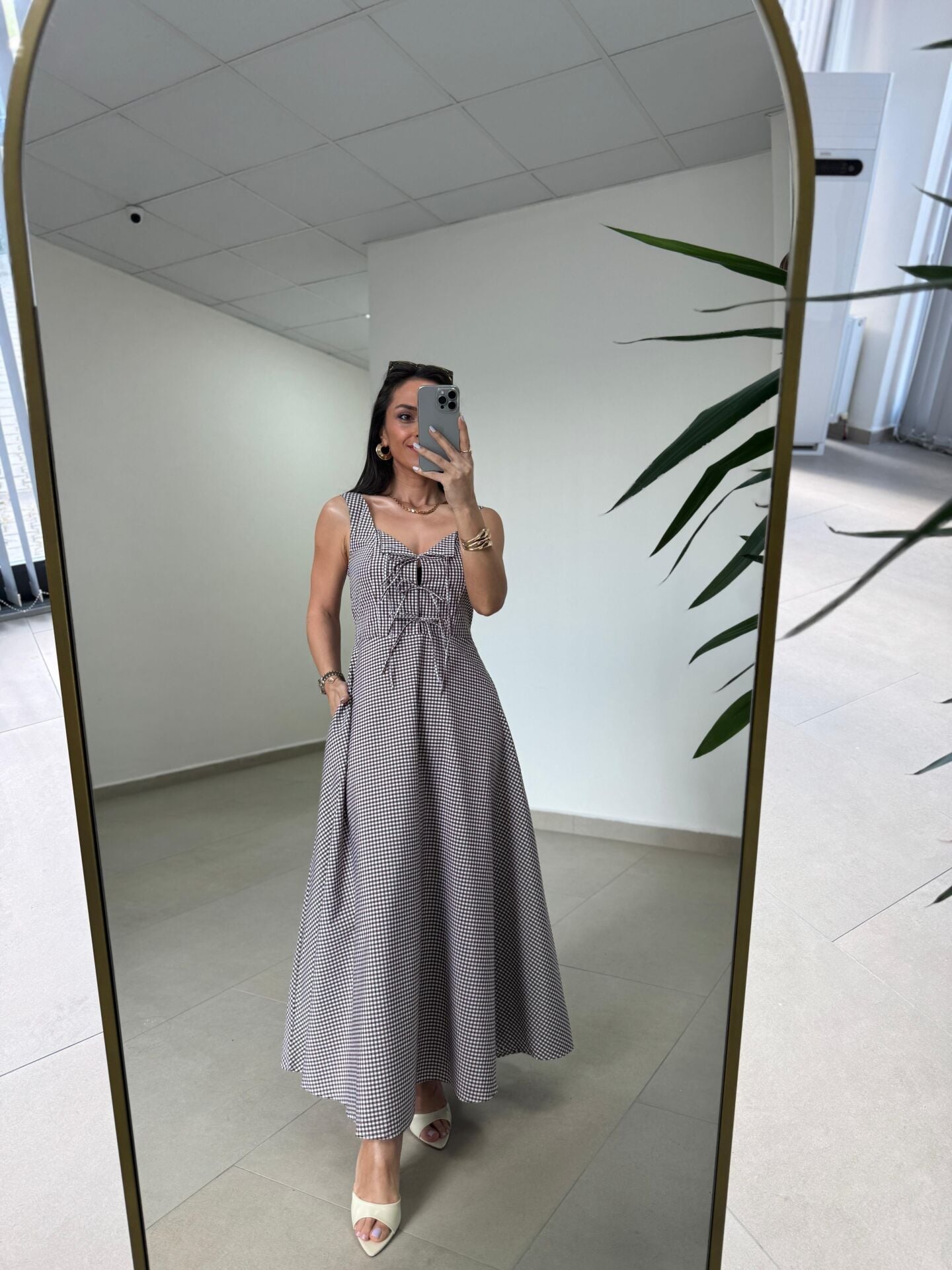 Ms 04 Kahve-Beyaz Pötikare Desenli Askılı Poplin Elbise