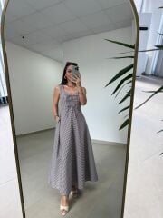Ms 04 Kahve-Beyaz Pötikare Desenli Askılı Poplin Elbise
