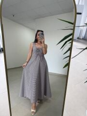 Ms 04 Kahve-Beyaz Pötikare Desenli Askılı Poplin Elbise