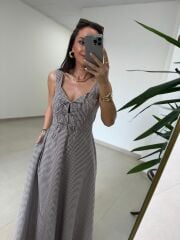 Ms 04 Kahve-Beyaz Pötikare Desenli Askılı Poplin Elbise