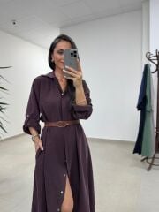Fp 3270 Kemerli Tensel Mürdüm Gömlek Elbise