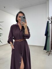 Fp 3270 Kemerli Tensel Mürdüm Gömlek Elbise