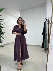 Fp 3270 Kemerli Tensel Mürdüm Gömlek Elbise