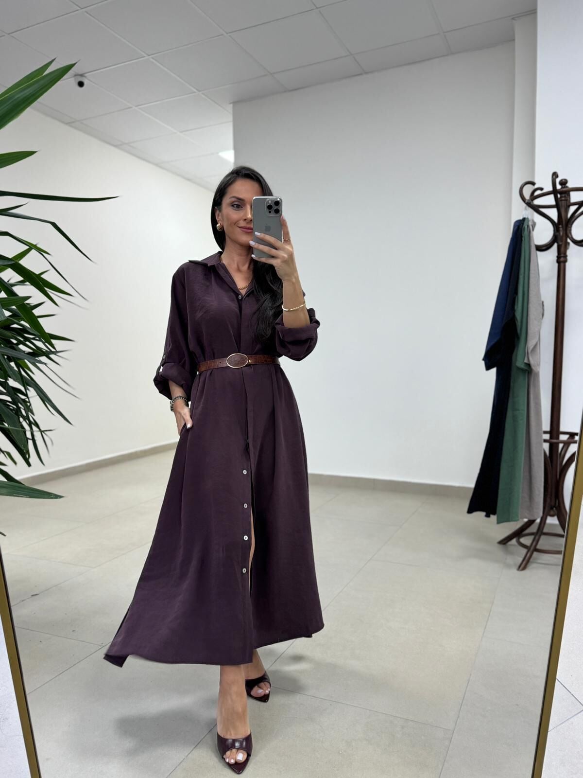 Fp 3270 Kemerli Tensel Mürdüm Gömlek Elbise